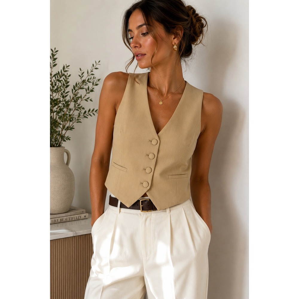 Bardot Calista Vest Sand Beige Cropped Tailored Button Front Cinch Back Size 8‎